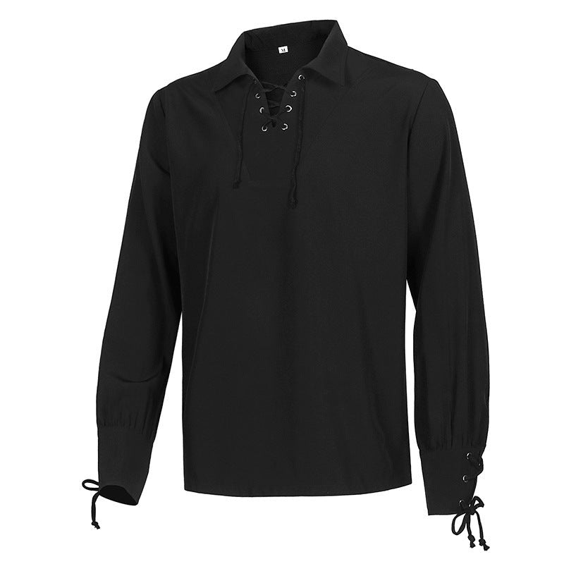 Black lace-up long sleeve shirt displayed flat, no mannequin or model | Chaps London
