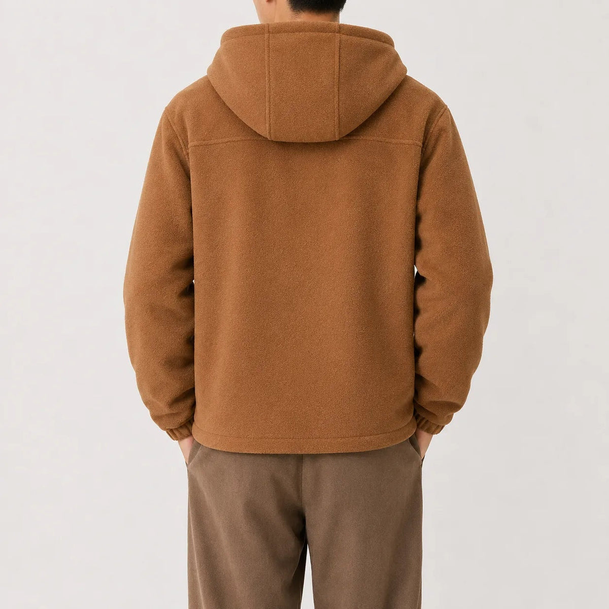 Man wearing brown fleece zip hoodie, back view, hood up | Chaps London