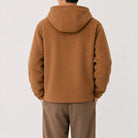 Man wearing brown fleece zip hoodie, back view, hood up | Chaps London