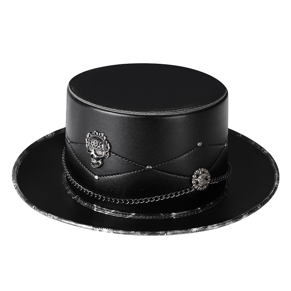 Black faux leather top hat with chains, studs, and emblem detail | Chaps London