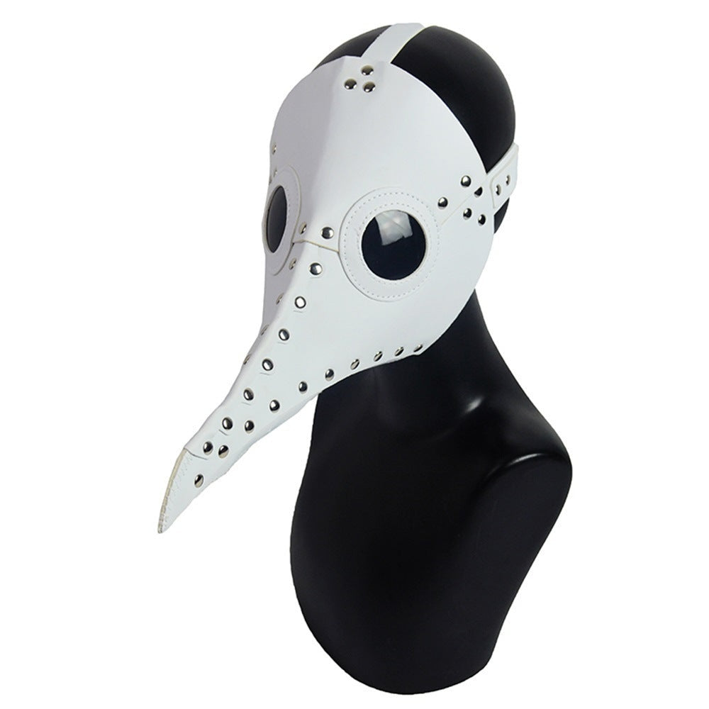 White faux leather plague doctor mask with rivets on black mannequin | Chaps London