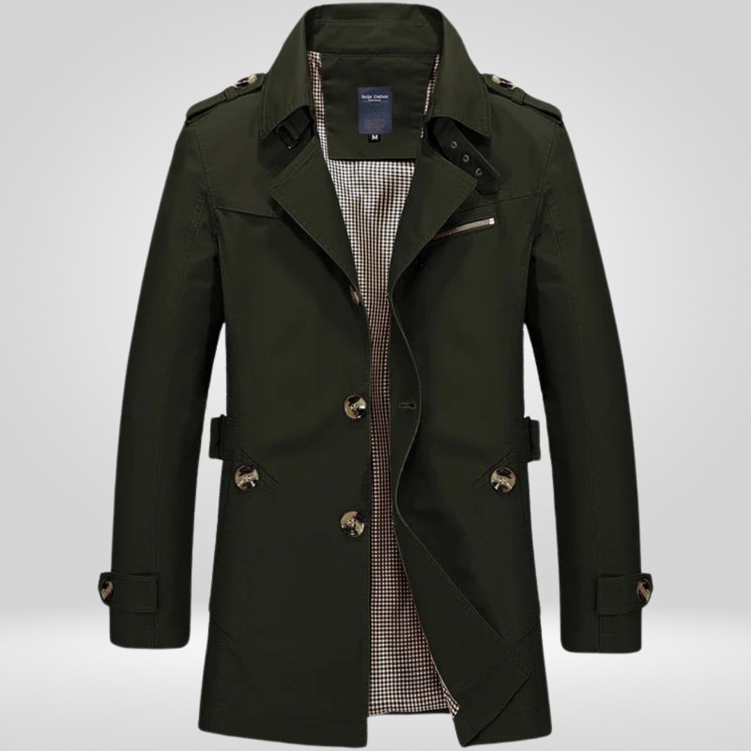 Dark green single-breasted trench coat with epaulettes, shown on mannequin | Chaps London