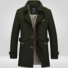 Dark green single-breasted trench coat with epaulettes, shown on mannequin | Chaps London