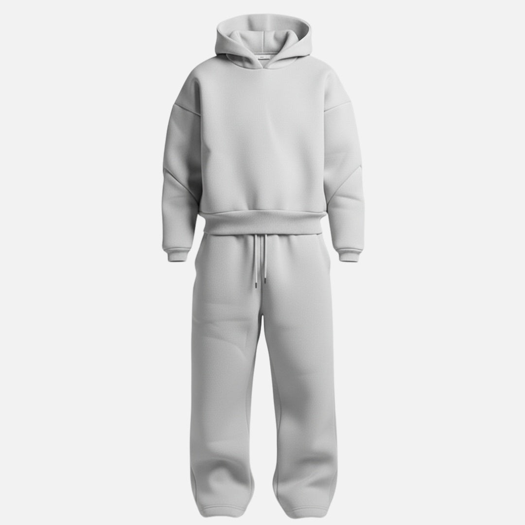 Light grey oversized hoodie and wide leg joggers tracksuit, mannequin display | Chaps London