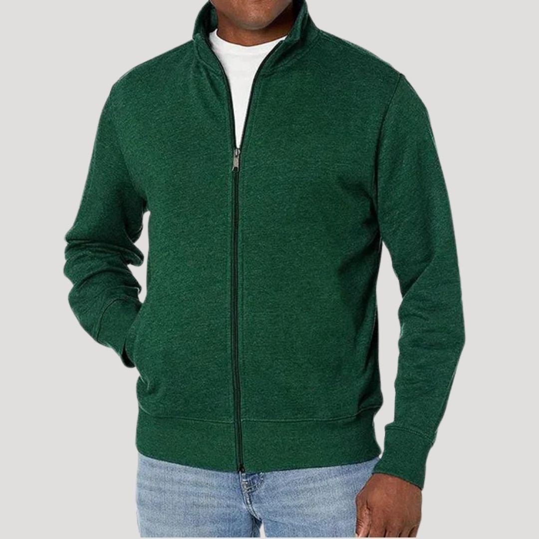 Man wearing green heathered full-zip jacket with stand collar, worn outfit | Chaps London