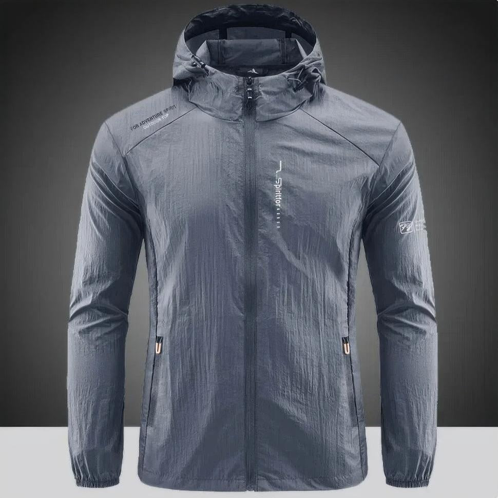 Gray hooded zip-up jacket displayed on mannequin, front view | Chaps London