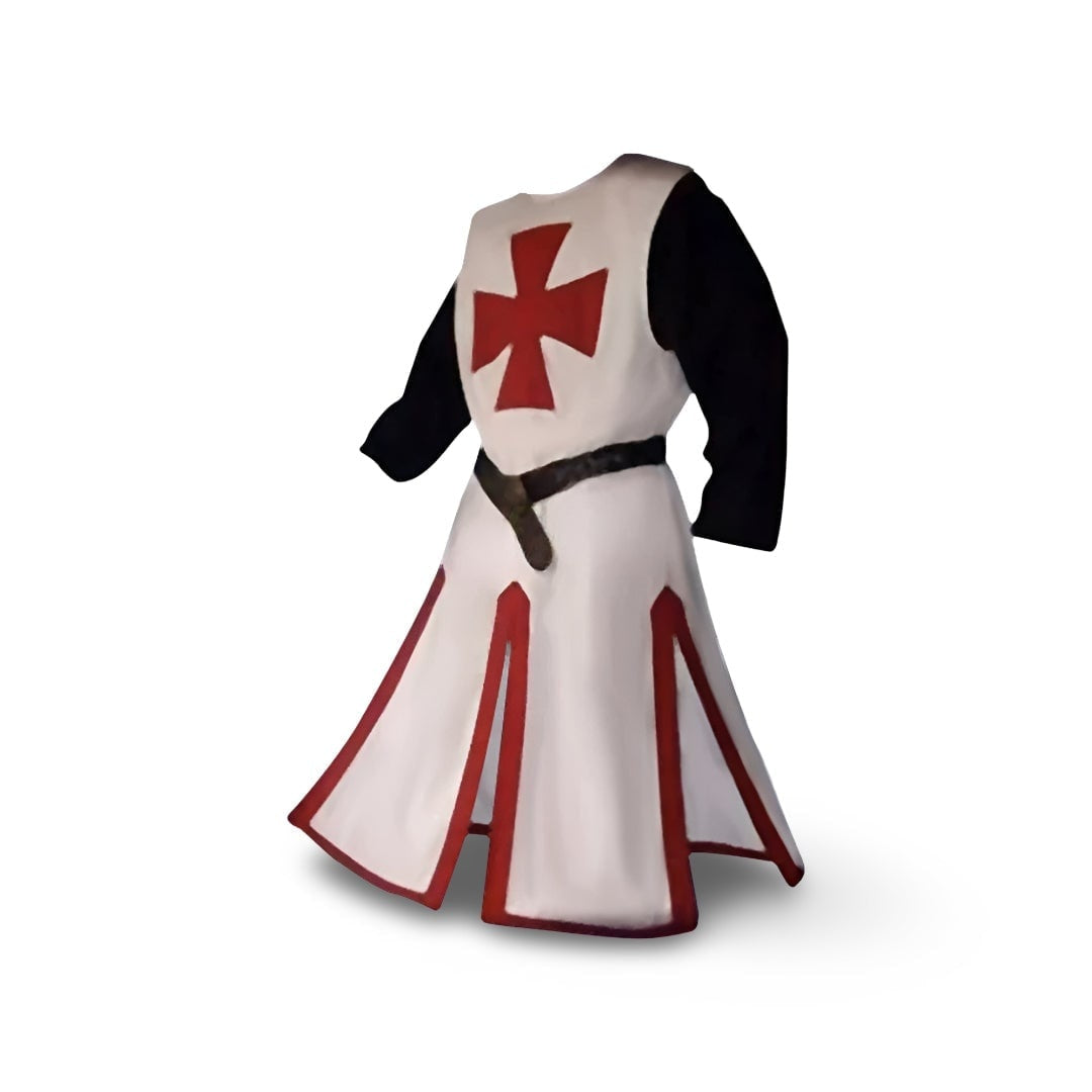 White Templar tunic with red cross, black sleeves, belted, on mannequin | Chaps London