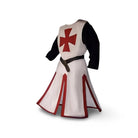 White Templar tunic with red cross, black sleeves, belted, on mannequin | Chaps London