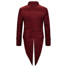 Burgundy tailcoat jacket back view with belted waist, worn by person | Chaps London