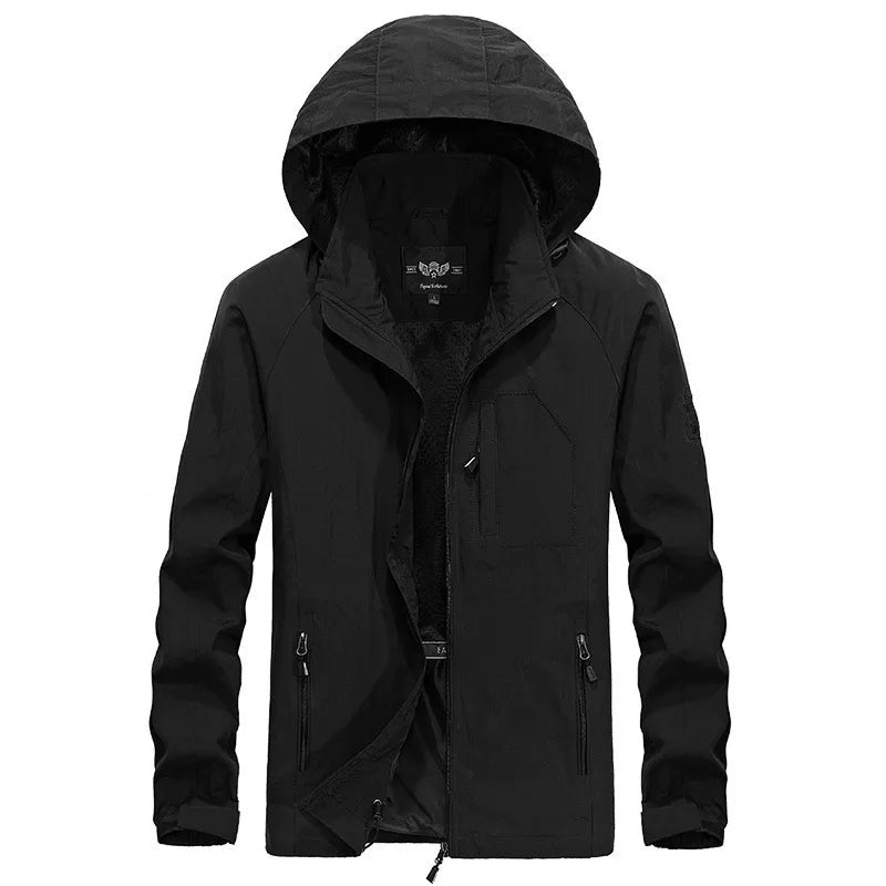 Black hooded jacket with zippered pockets, shown flat with hood visible | Chaps London