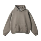 Taupe pullover hoodie with kangaroo pocket, shown flat, front view | Chaps London