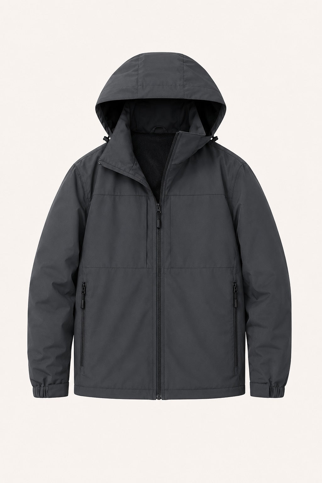 Gray hooded zip-up jacket with front pockets, shown flat on background | Chaps London
