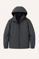 Gray hooded zip-up jacket with front pockets, shown flat on background | Chaps London