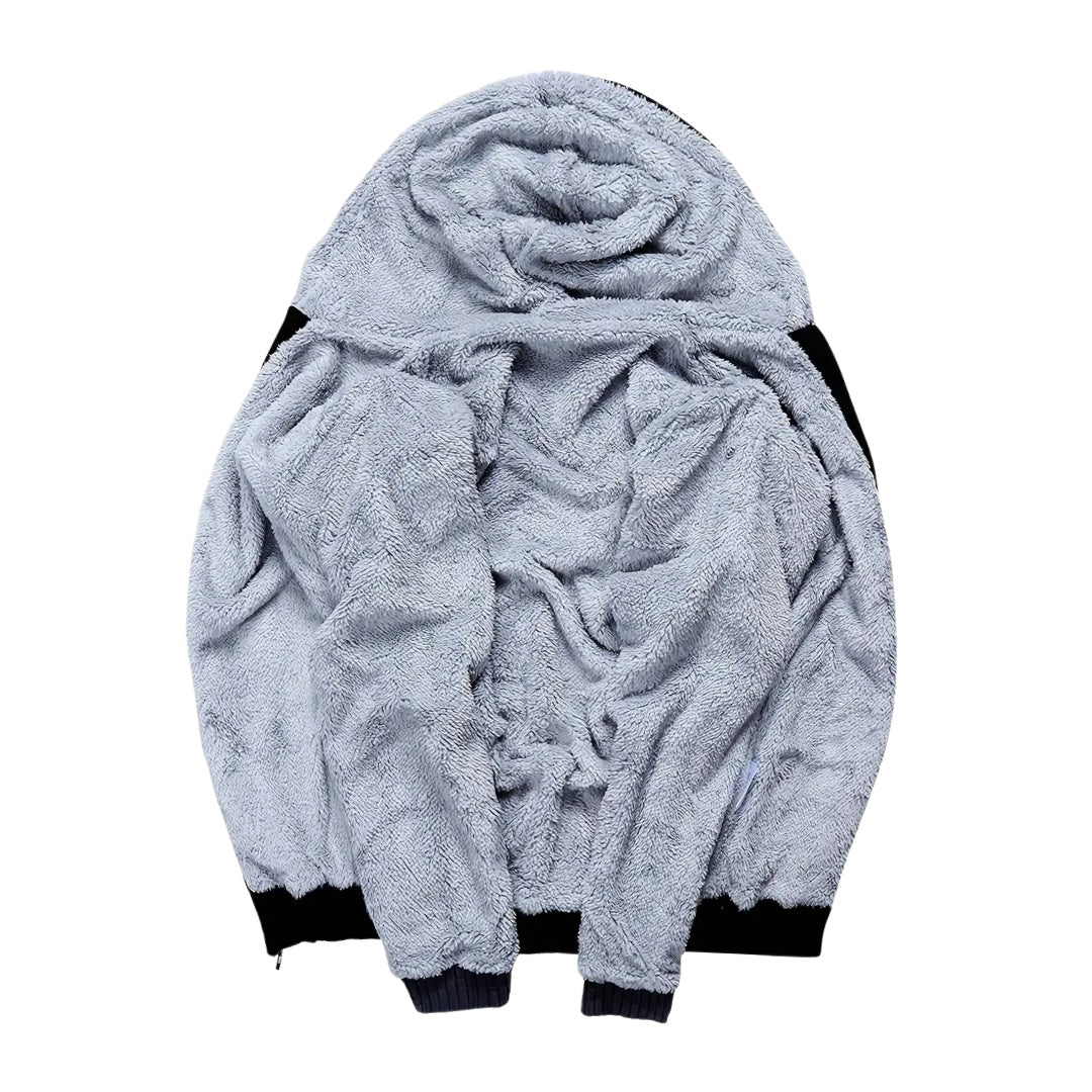 Gray sherpa zip hoodie with black trim, laid flat, hood visible | Chaps London