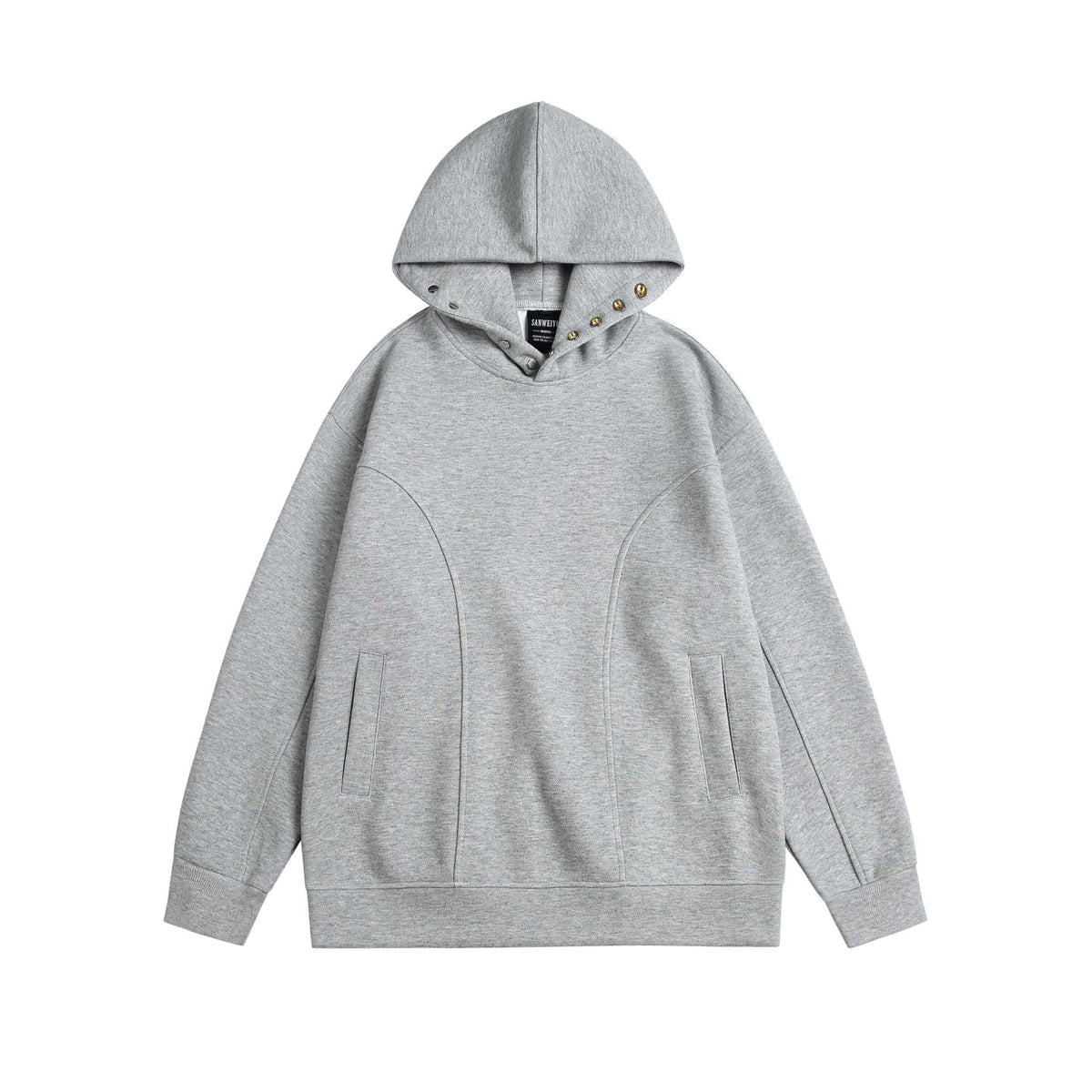 Grey oversized hoodie with snap neck button detail, flat lay view | Chaps London