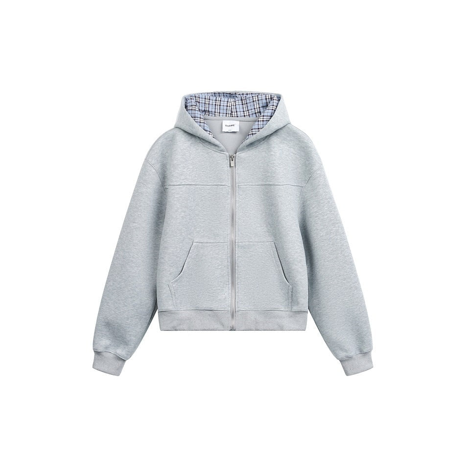 Grey zip-up hoodie with checkered lined hood, shown flat | Chaps London