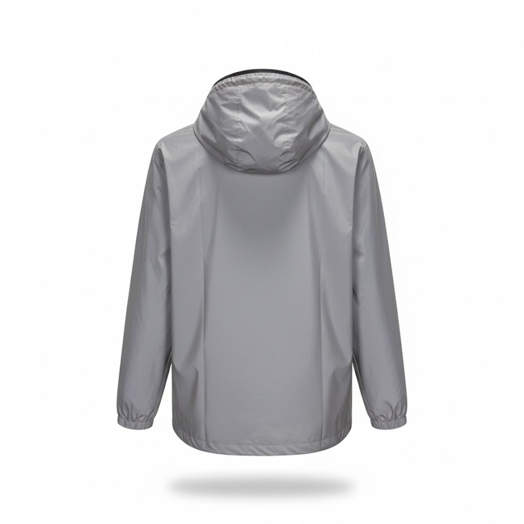Gray hooded rain jacket, back view, shown on mannequin form | Chaps London