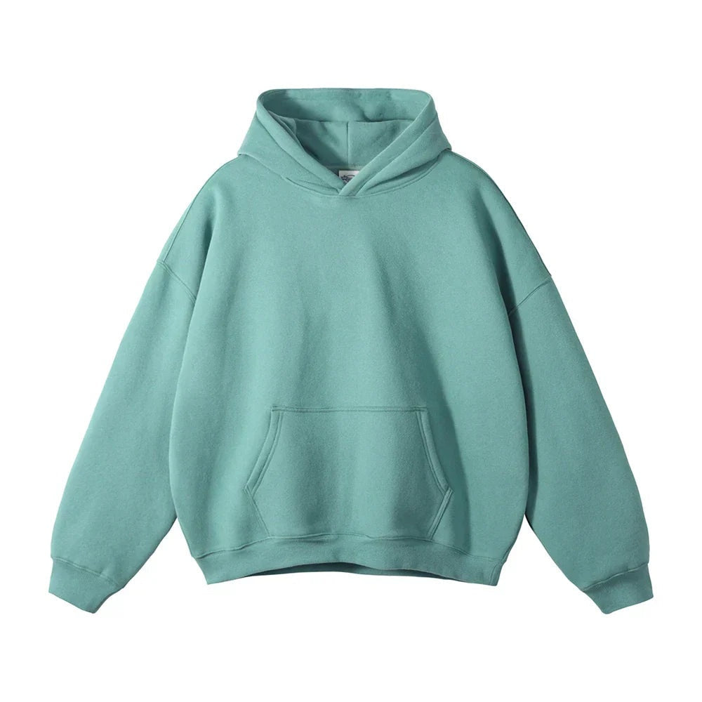 Sage green pullover hoodie with kangaroo pocket, shown flat, front view | Chaps London