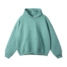 Sage green pullover hoodie with kangaroo pocket, shown flat, front view | Chaps London
