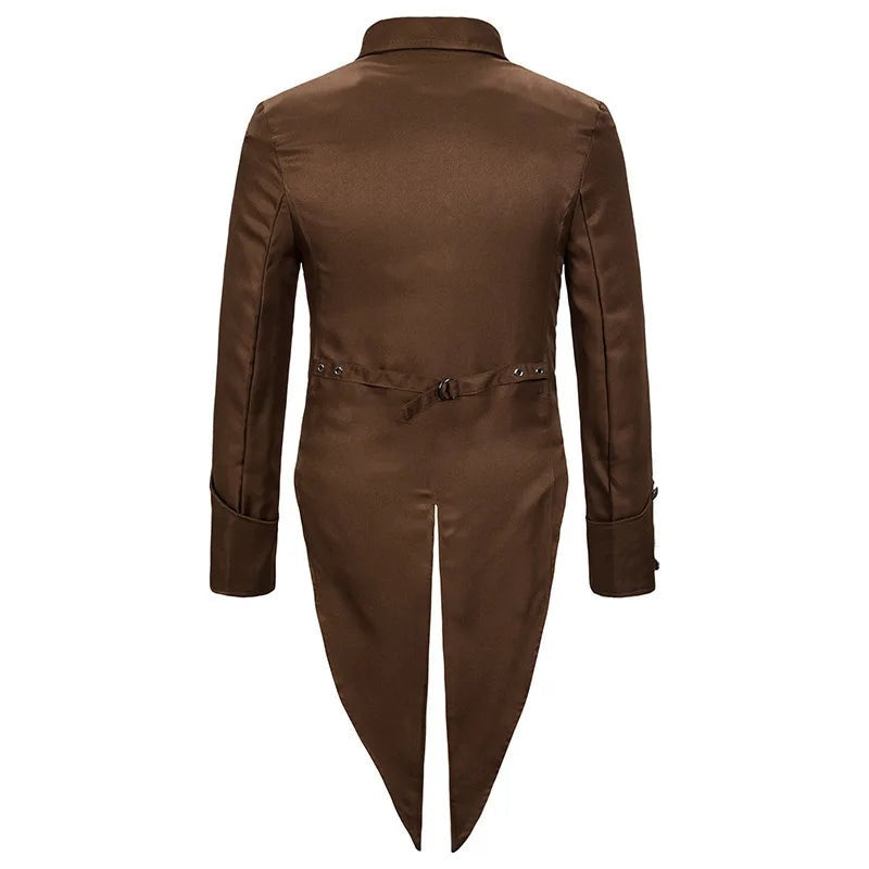 Brown tailcoat jacket on mannequin, back view with swallowtail hem | Chaps London