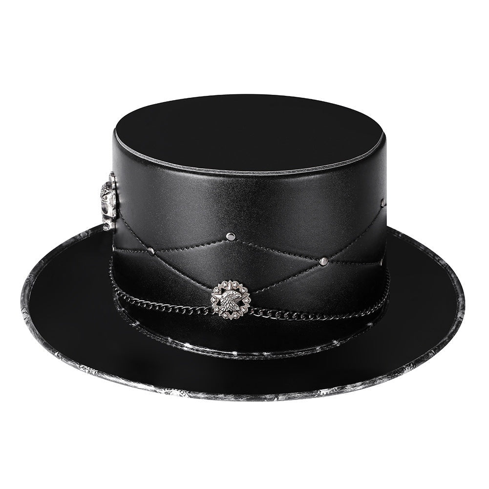 Black gothic top hat with chain, studs, and skull emblem detail | Chaps London
