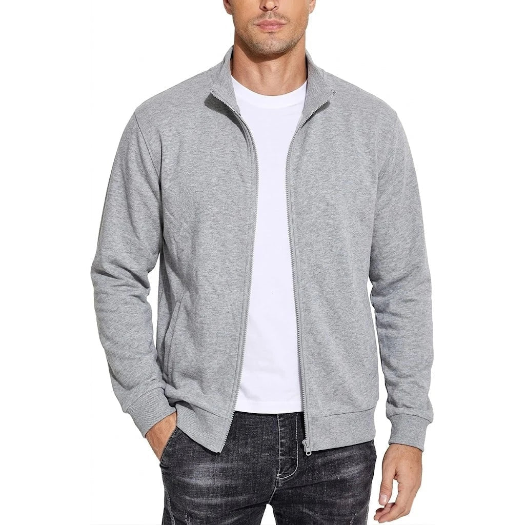 Man wearing gray zip-up jacket with white t-shirt and jeans | Chaps London