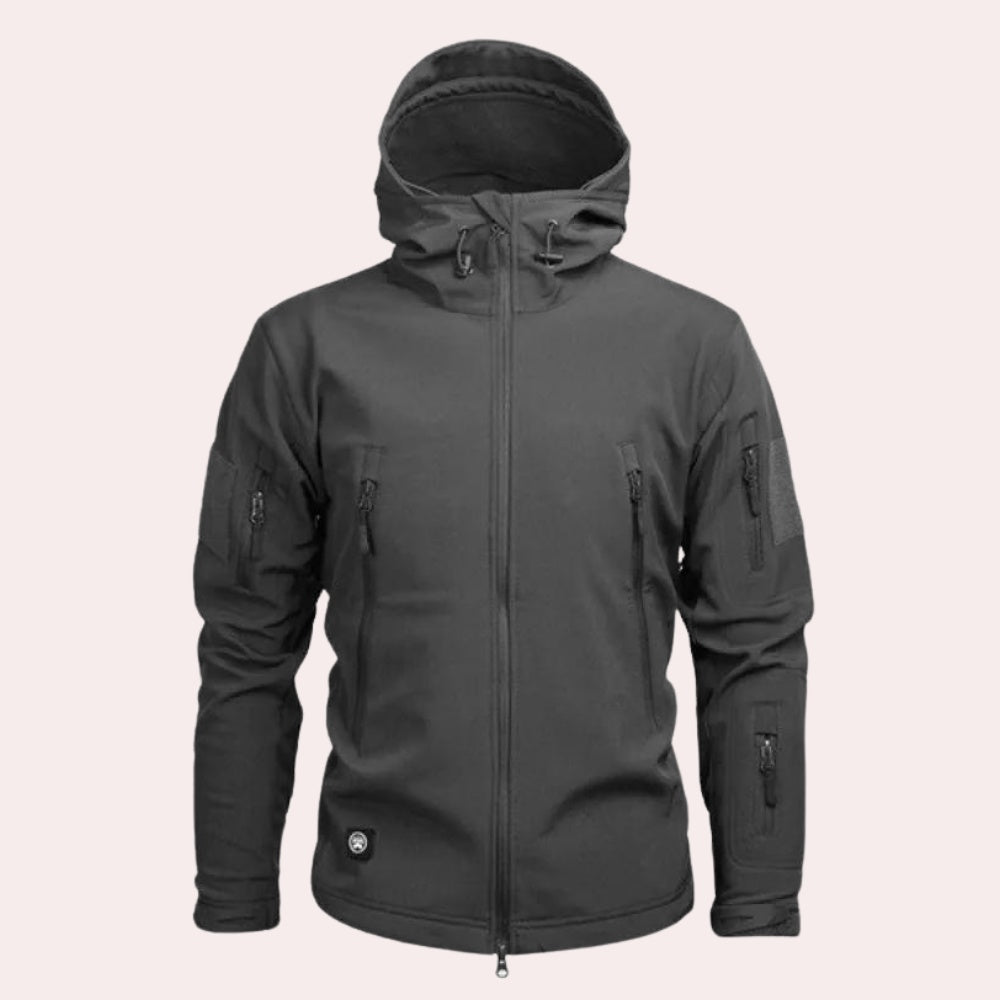 Gray hooded softshell jacket with zip pockets, worn by a man | Chaps London