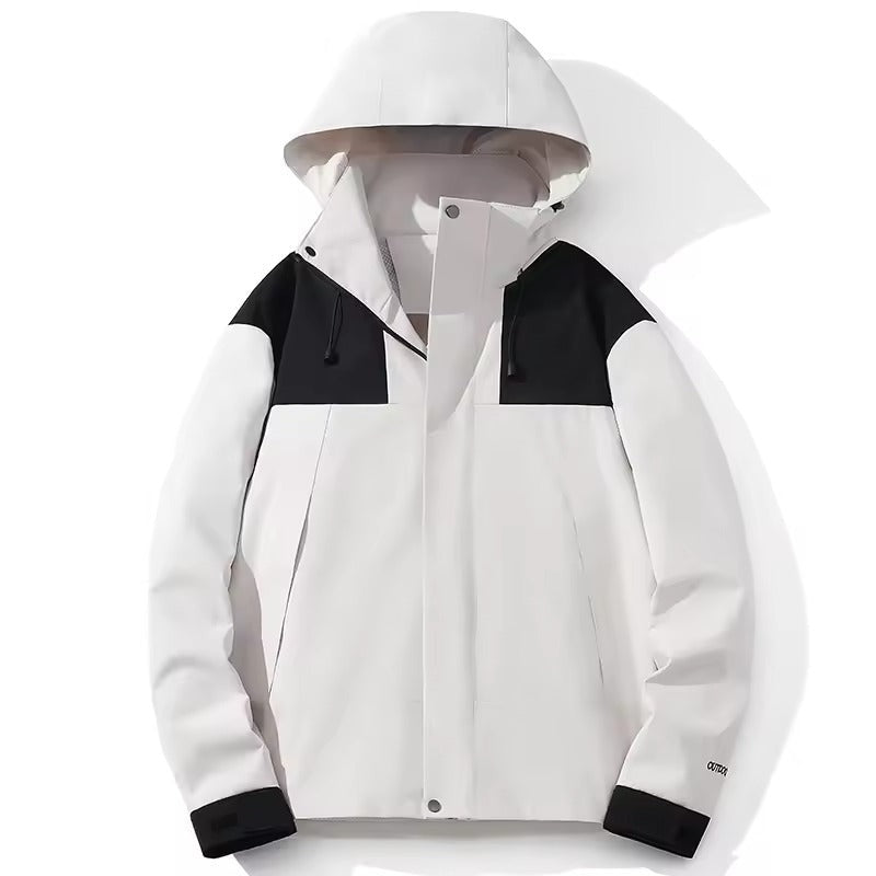 White and black hooded jacket with zipper, shown flat on display | Chaps London