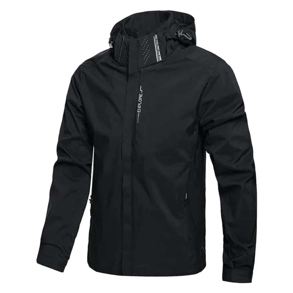 Black hooded zip-front jacket worn by a person, front view | Chaps London