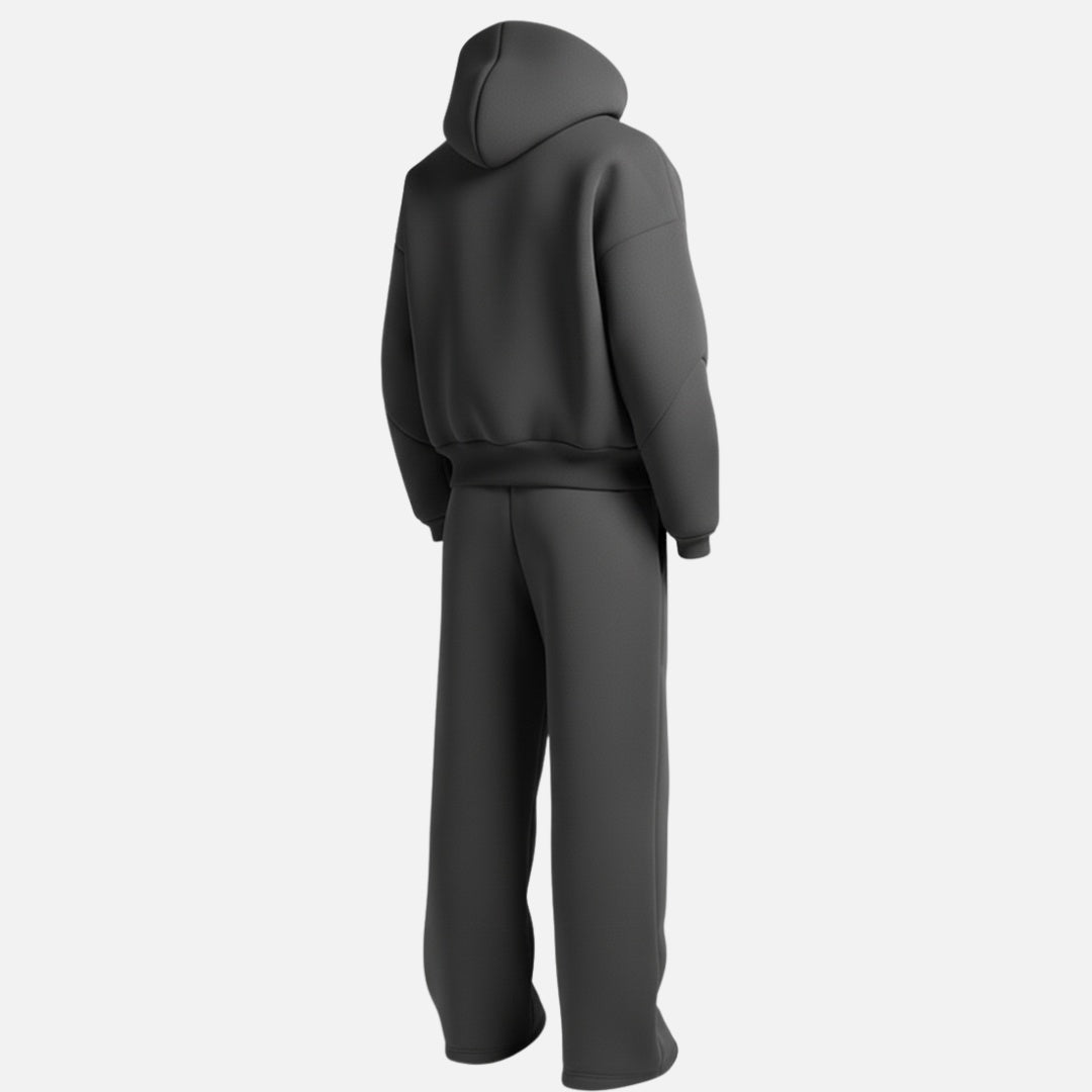 Dark gray oversized hoodie tracksuit with wide leg joggers, 3D rendered back view | Chaps London