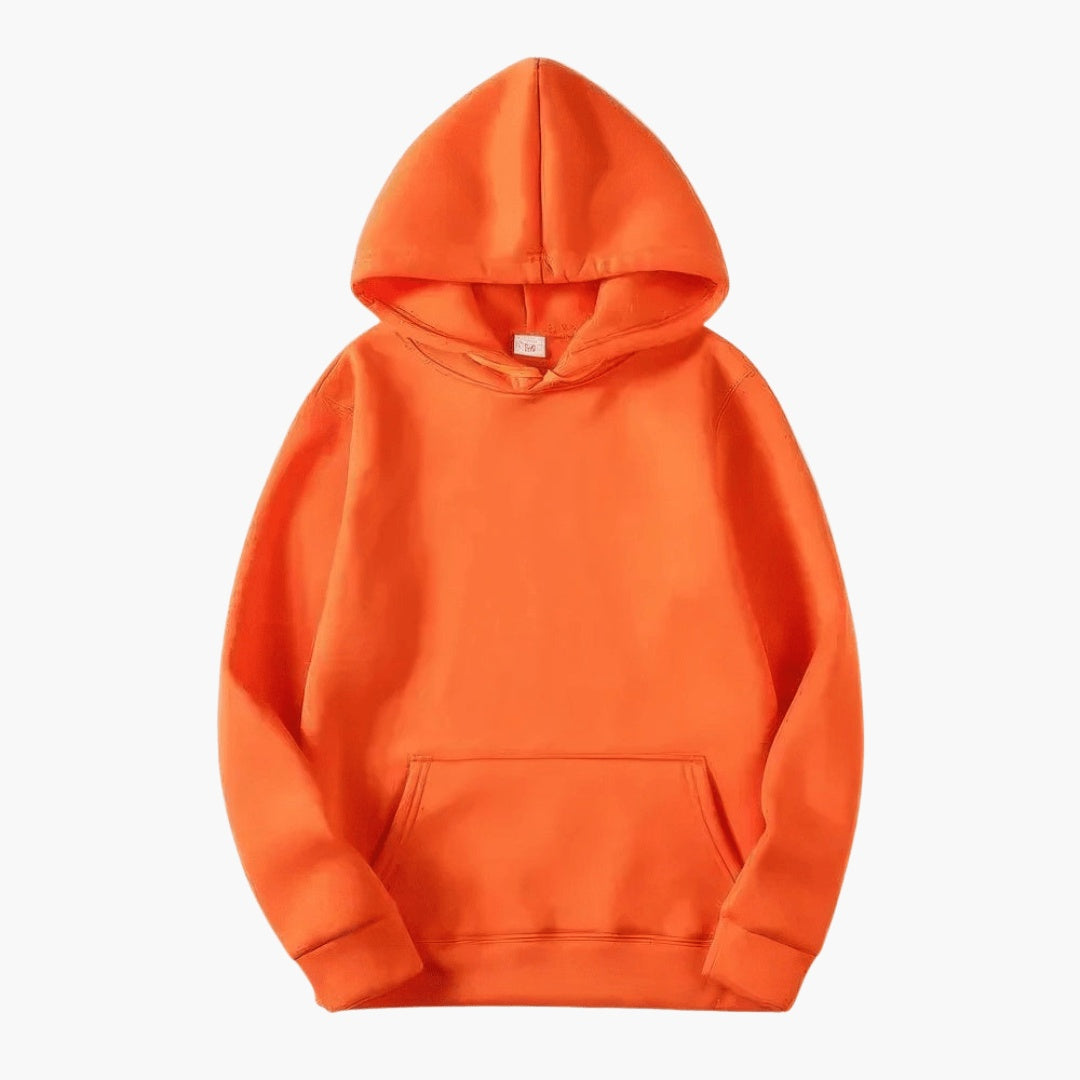 Orange fleece pullover hoodie with kangaroo pocket, laid flat, plain fabric | Chaps London