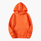 Orange fleece pullover hoodie with kangaroo pocket, laid flat, plain fabric | Chaps London