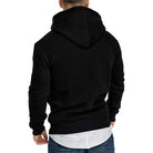 Man wearing plain black hoodie with layered white hem, back view | Chaps London