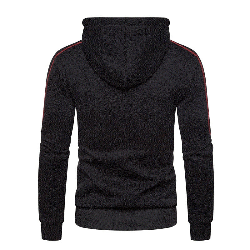 Black zip hoodie with red trim details, worn by person, back view | Chaps London