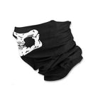 Black neck gaiter with white skull graphic, draped flat display | Chaps London