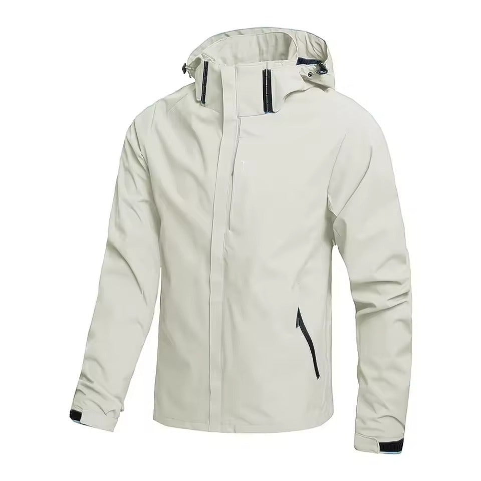 Light beige hooded waterproof jacket with zip pockets, shown on mannequin | Chaps London