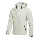 Light beige hooded waterproof jacket with zip pockets, shown on mannequin | Chaps London