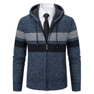 Blue striped knitted zip hoodie with fleece lined hood, worn by model | Chaps London