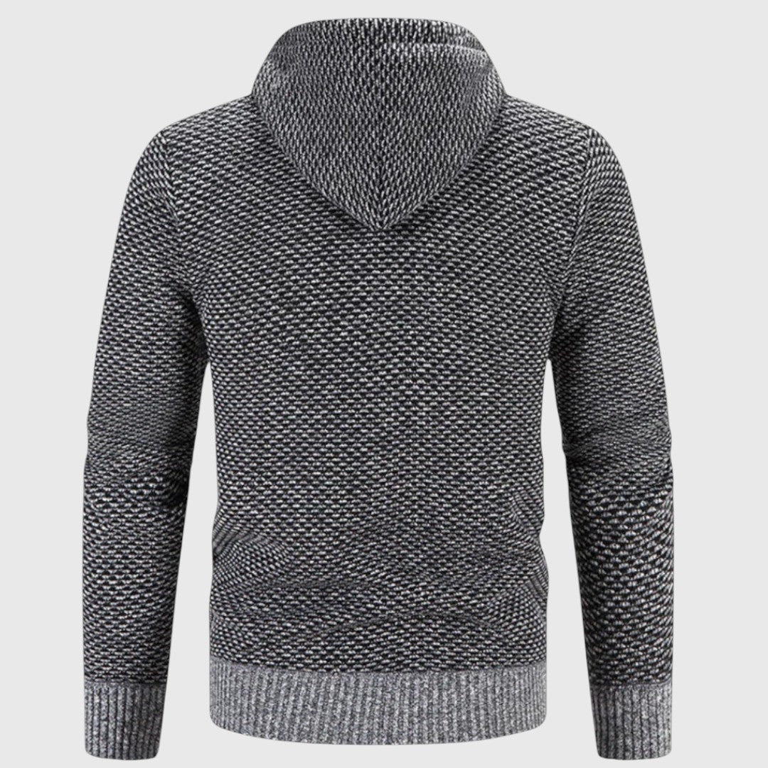Gray knitted zip-up hoodie worn by person, back view, textured pattern | Chaps London