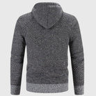Gray knitted zip-up hoodie worn by person, back view, textured pattern | Chaps London