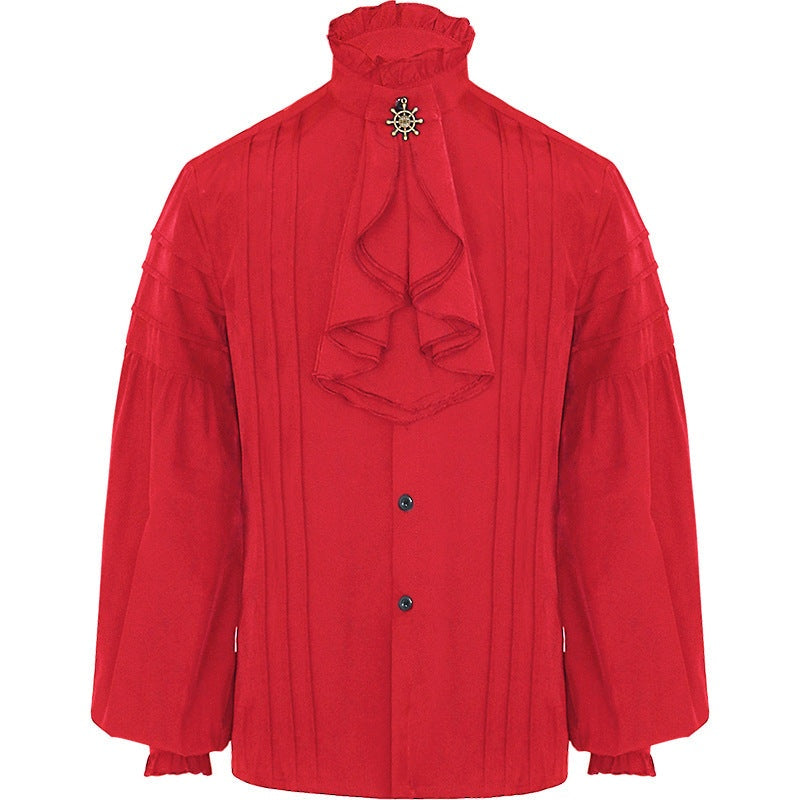 Red pleated ruffle shirt with jabot collar, flat product view | Chaps London