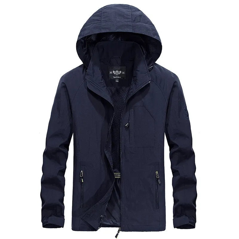 Navy blue hooded jacket with zippered pockets, shown flat on background | Chaps London