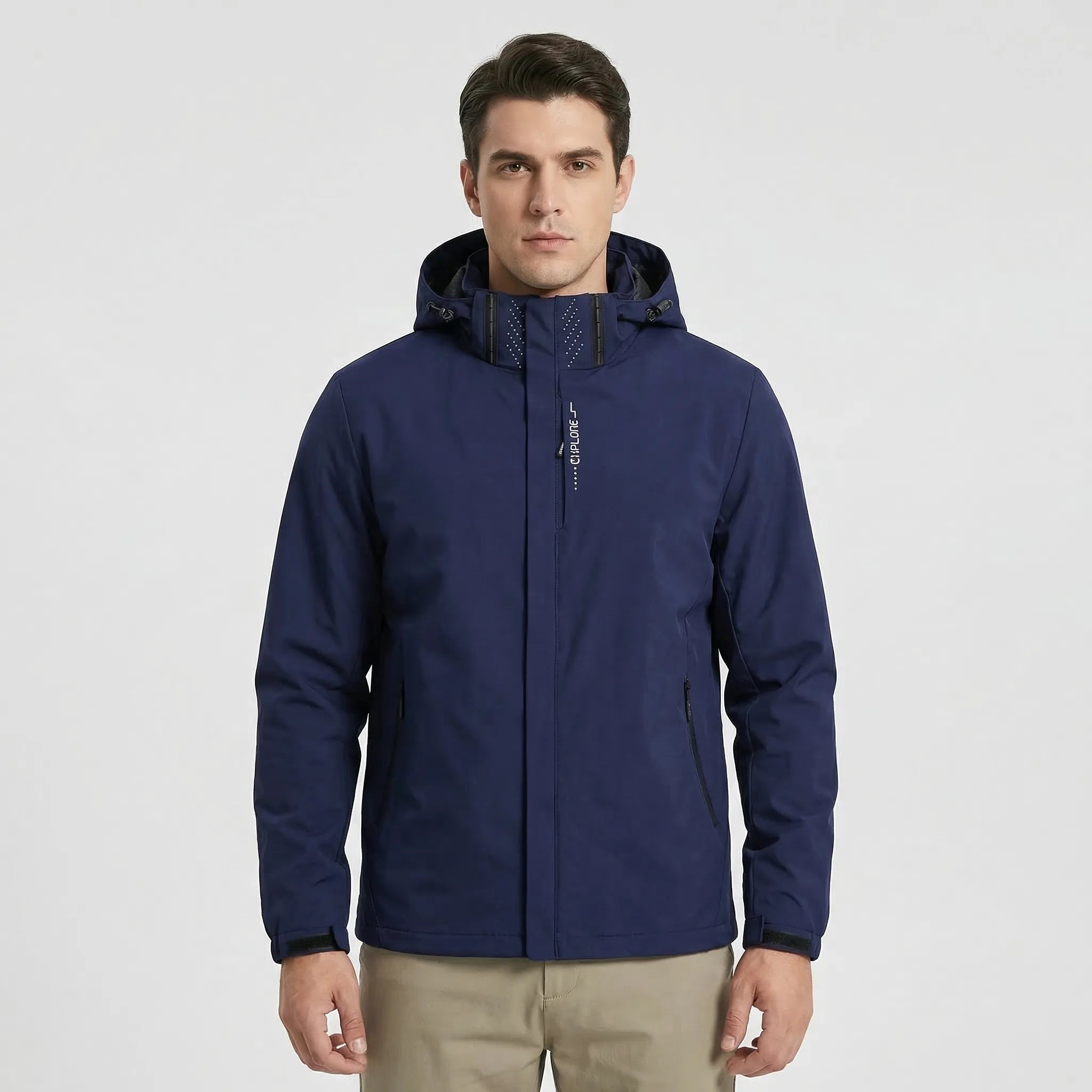 Man wearing navy blue hooded zip-up jacket with chest pocket | Chaps London