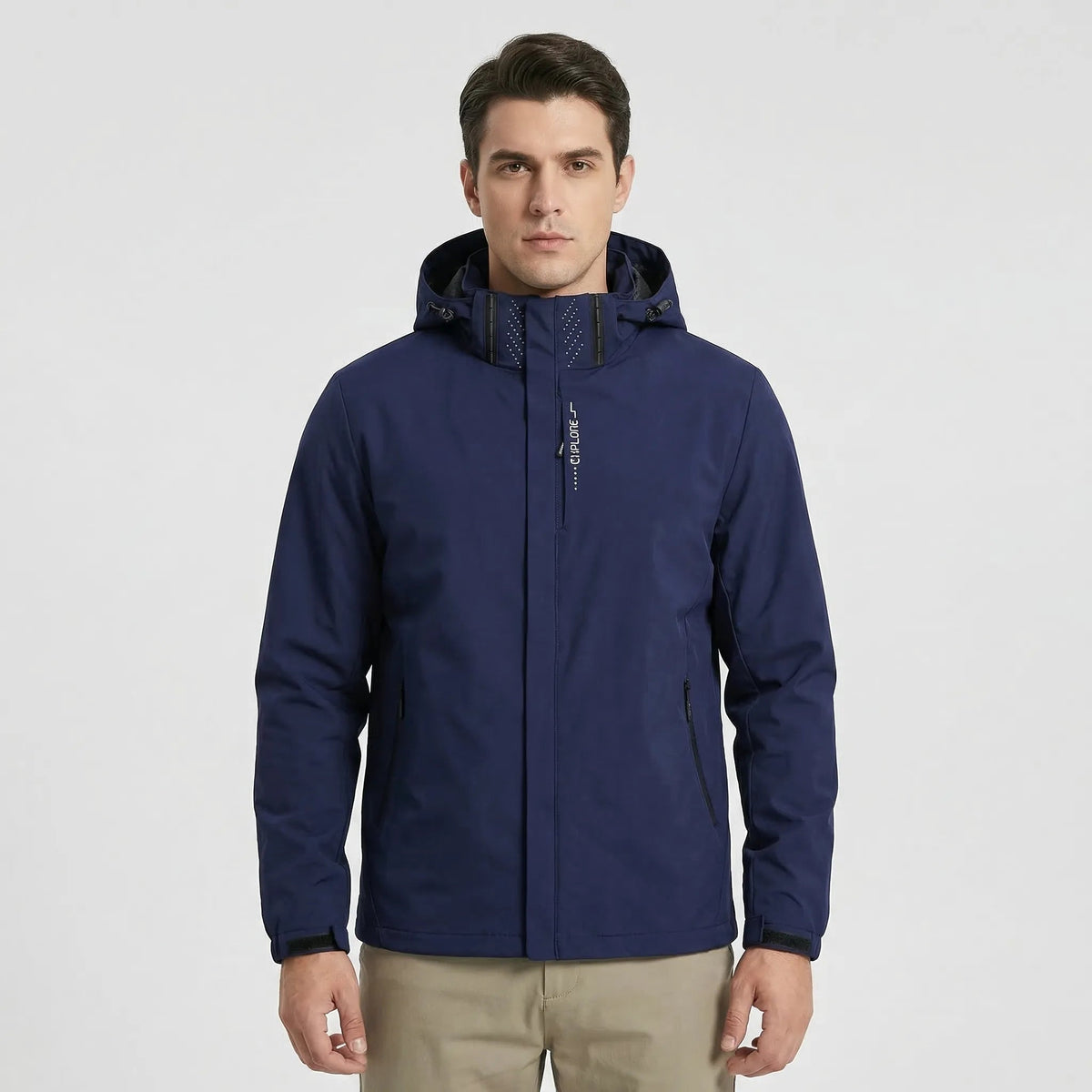 Man wearing navy blue hooded zip-up jacket with chest pocket | Chaps London