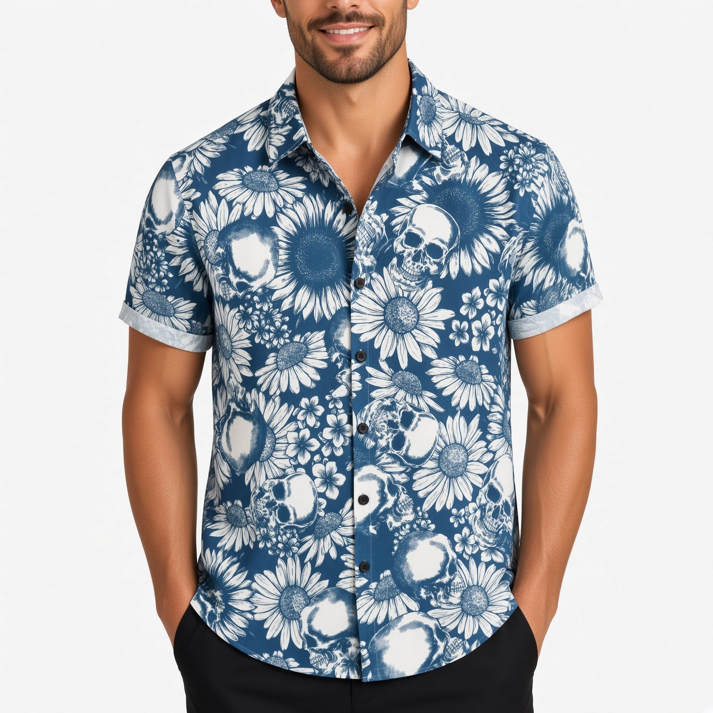 Man wearing blue floral shirt with white skull print, short sleeves, worn | Chaps London