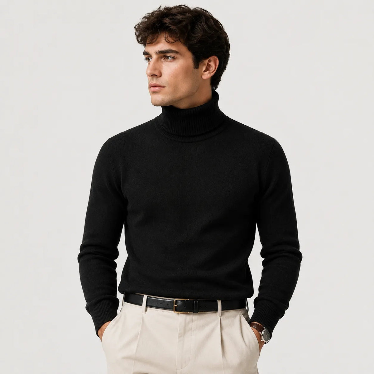 Man wearing black ribbed turtleneck sweater with beige pleated trousers and belt | Chaps London