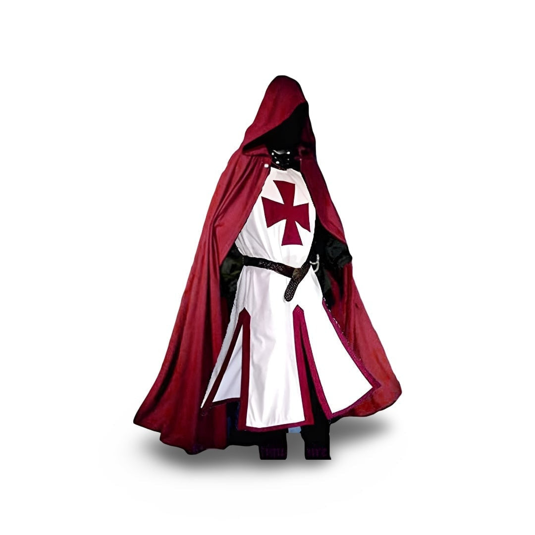 White tunic with red cross, red hooded cloak, worn by mannequin | Chaps London