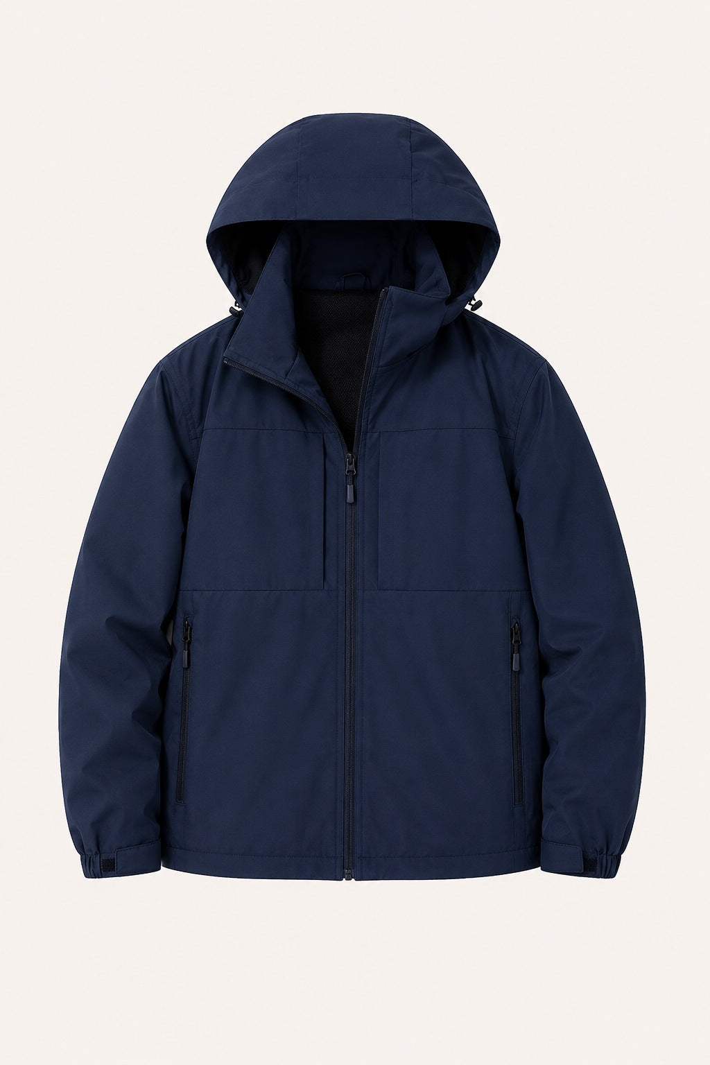 Navy blue hooded jacket with front zipper, shown flat on beige background | Chaps London