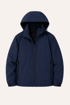 Navy blue hooded jacket with front zipper, shown flat on beige background | Chaps London