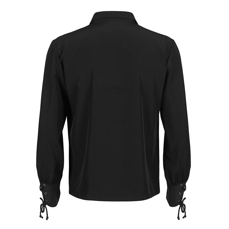 Black long-sleeve shirt back view with laced cuffs, worn by mannequin | Chaps London